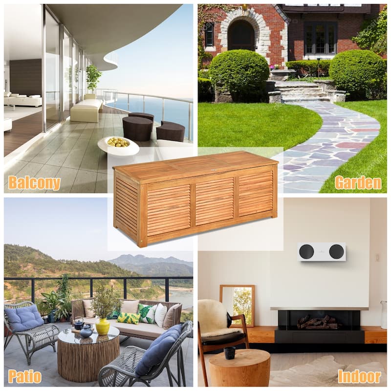 Costway 46 Gallon Deck Storage Acacia Wood Organization Toys Cushions - See Details