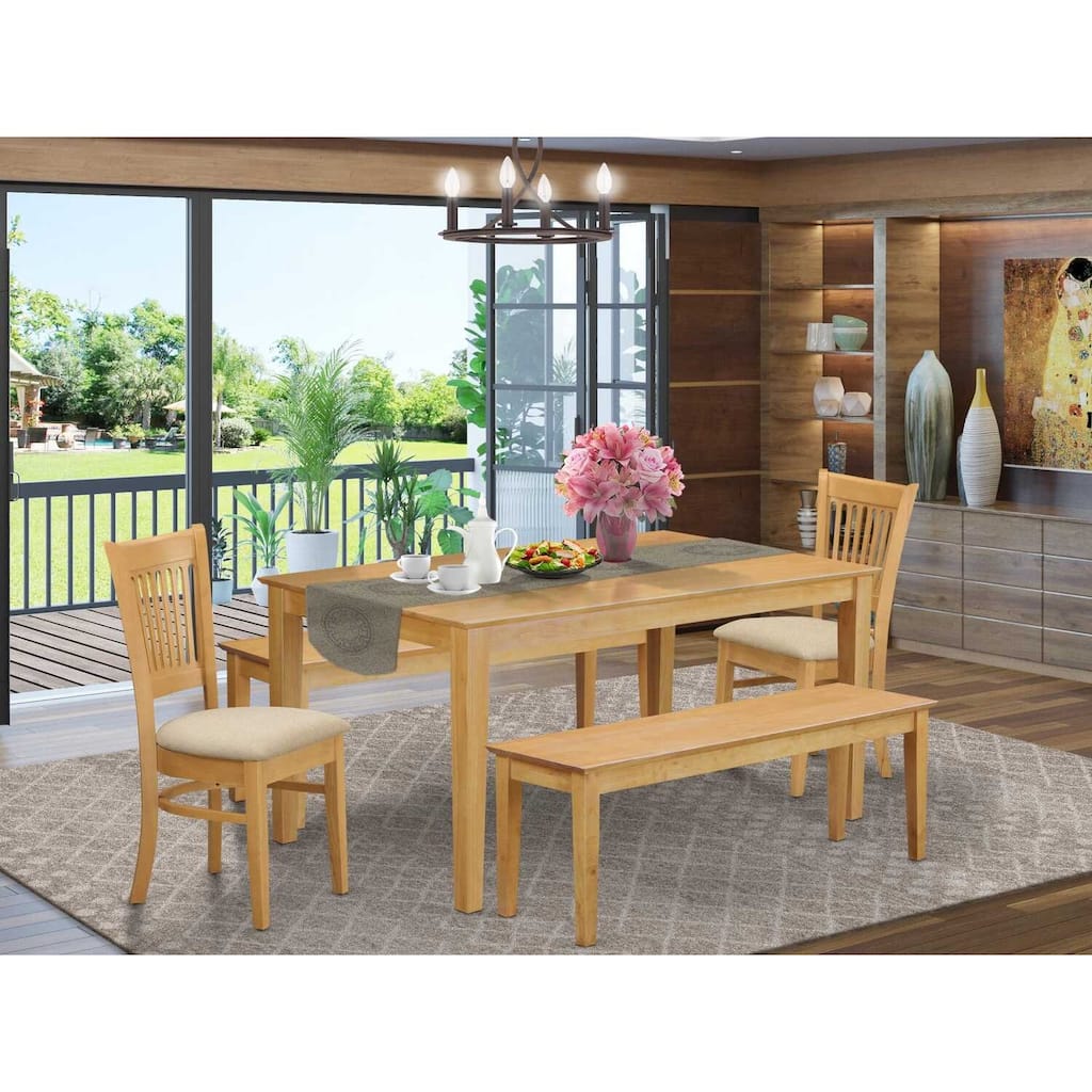 HomeStock 5-Piece Rectangle Natural Oak Finish Solid Wood Top Dining Table with 2 Benches, 2 Chairs with Lattice Back