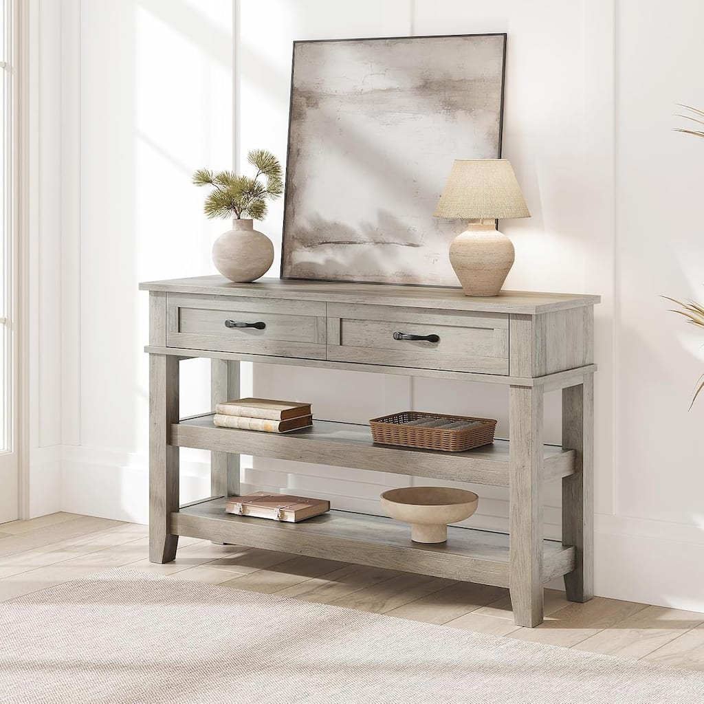 3 Tier Farmhouse Entryway Table, Console Table with 2 Storage Drawers