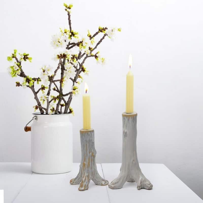 Gray Glazed Ceramic Candlestick Set of Two Rustic Shabby Branch Style