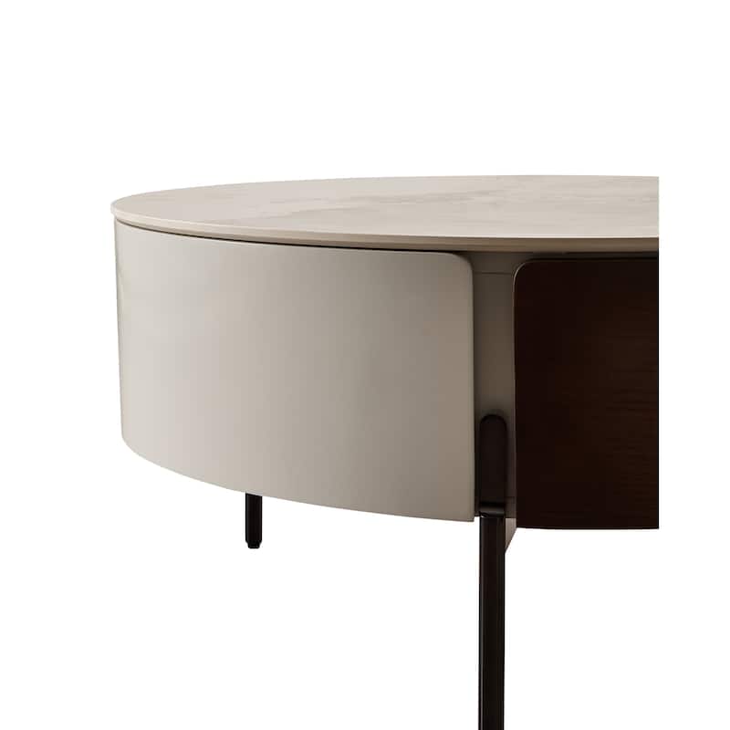 Round Coffee Table with Drawers and Metal Legs, Drum Tea Table