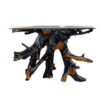 Teak Wood Handmade Live Edge Tree Stump Console Table with Clear Glass Top - Black - Roche River Decor - 16"W x 49"L x 32"H