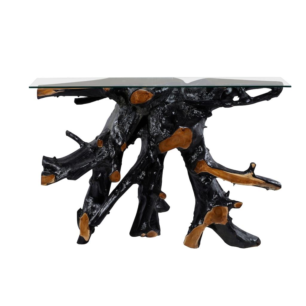 Teak Wood Handmade Live Edge Tree Stump Console Table with Clear Glass Top - Black - Roche River Decor - 16"W x 49"L x 32"H