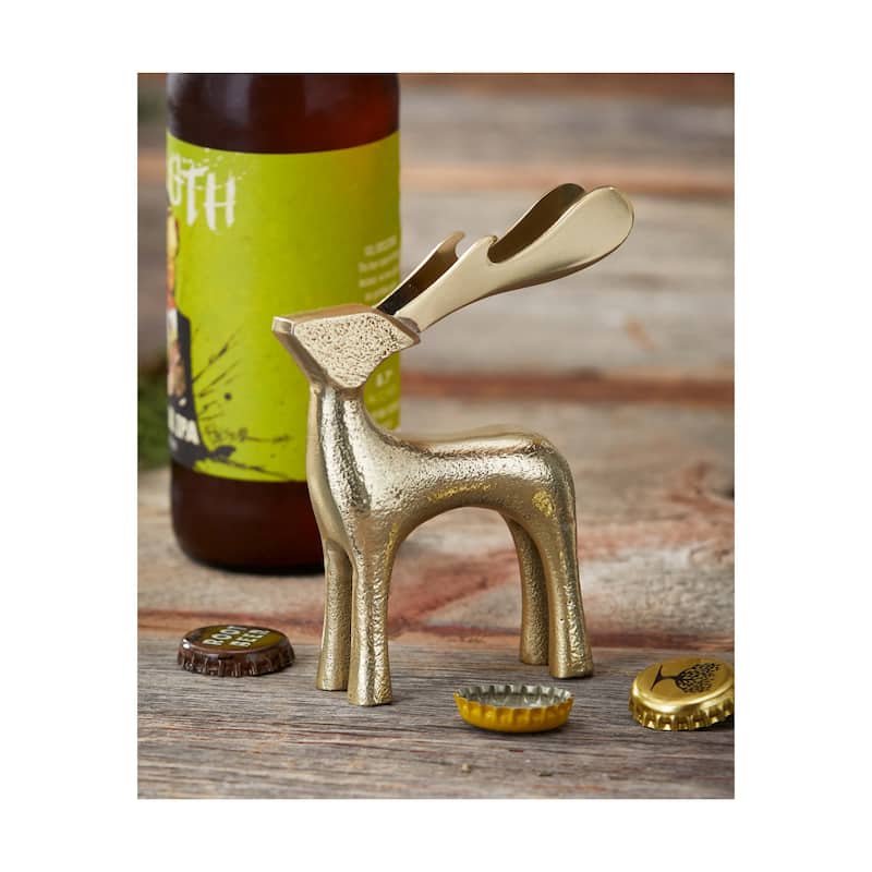 Gold Reindeer Bottle Opener Aluminum Christmas Bar Tool 4.5 in H x 3 in L x 1.25 in W Hand Wash Only