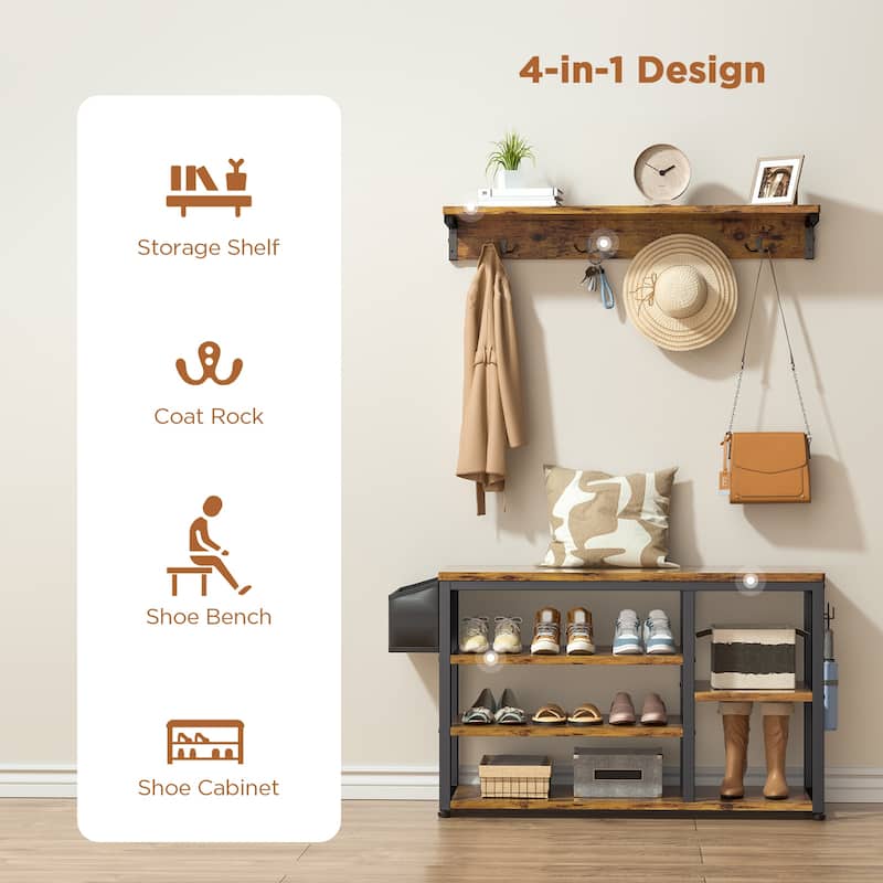 Industrial Hall Tree, 4-in-1 Entryway Coat Rack and Shoe Bench Rack Set with 5 Shoe Storage Cabinets