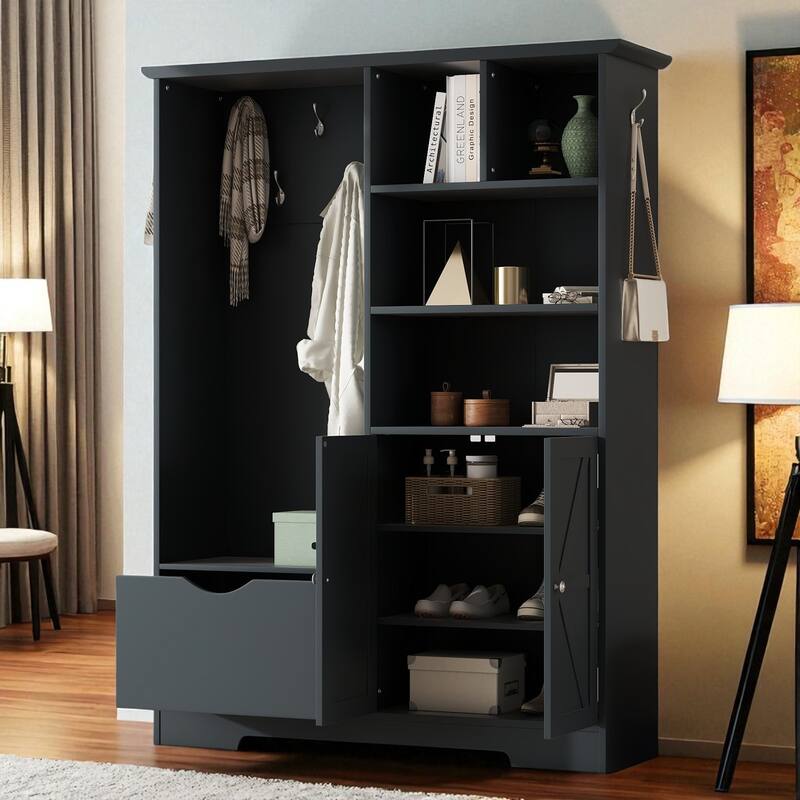 Multi-Functional Hall Tree with Shoe Cabinet, Bench, Shelves, Drawer & 5 Hooks, 52.7W x 73.2H Entryway Coat Rack