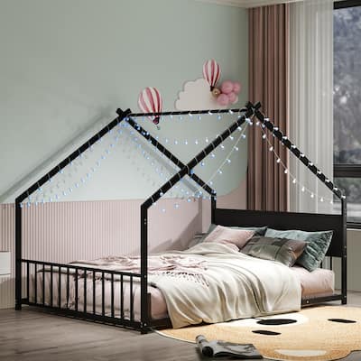 Full Size House Bed with Roof and Colorful Lights,Slats and Headboard