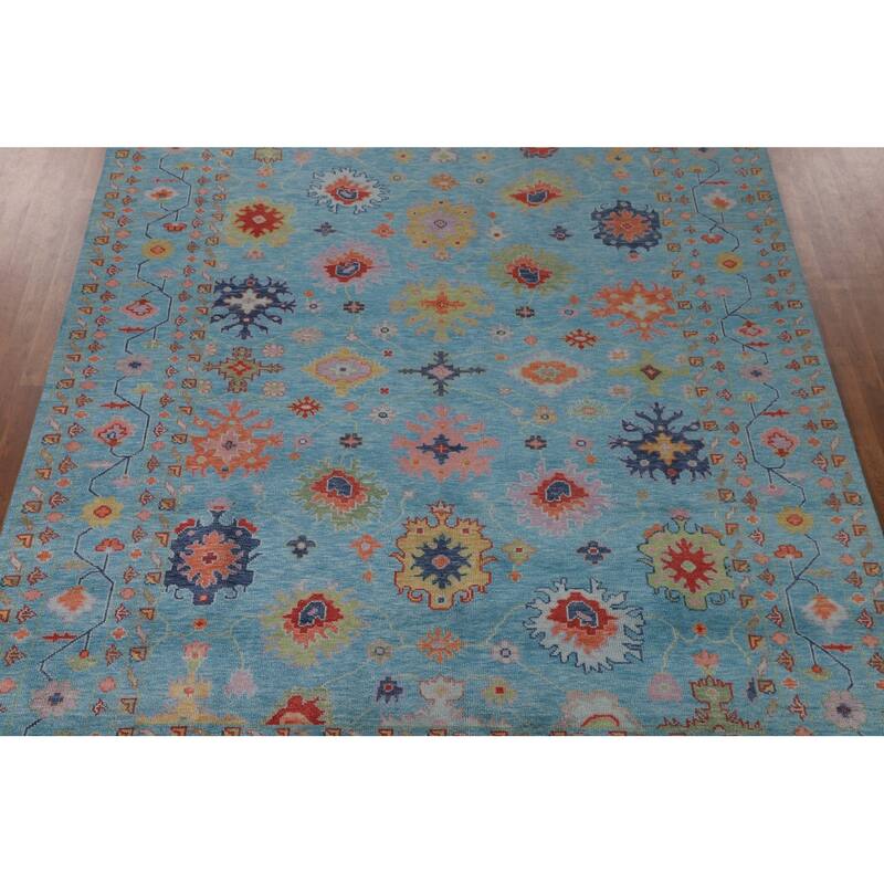 All-Over Blue Oushak Oriental Area Rug Hand-Knotted Wool Carpet - 9'0" x 11'11"