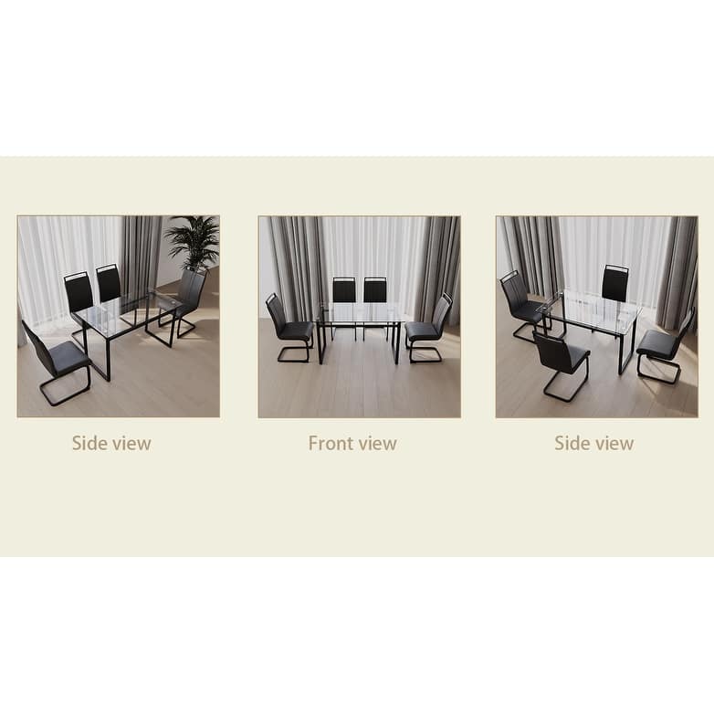 Modern 5-Piece Dining Set with Rectangular Glass Table & High Back Metal C-shaped Tube Chairs