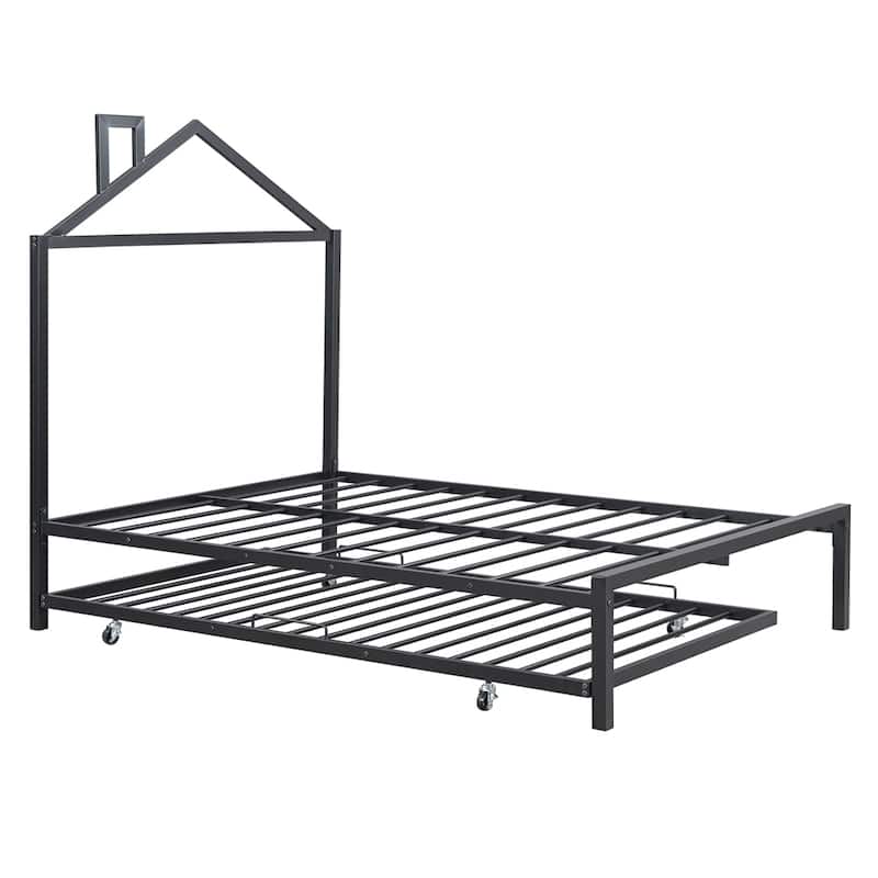 Full Size House Shaped Metal Platform Bed with Trundle