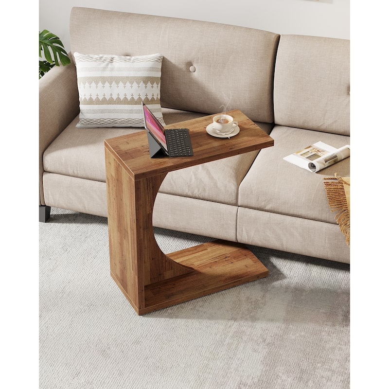2-Tier C-Shaped End Side Sofa Couch Table for Small Space - Walnut Brown