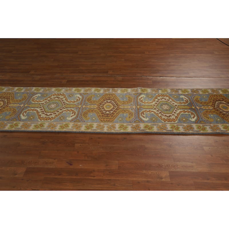 Hand Knotted Oriental 100% Wool Carpet Traditional Geometric Greys & Charcoal Kazak Runner Rug - 9' 10'' X 2' 6''