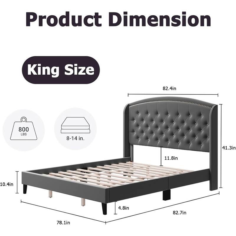 King Velvet Upholstered Platform Bed Frame with Wingback Tufted Headboard & Wood Slat Support, No Box Spring Needed