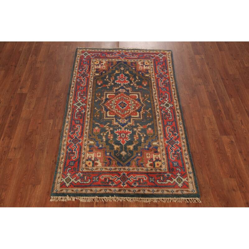 Teal Geometric Heriz Serapi Indian Foyer Rug Handmade Wool Carpet - 2'11"x 5'2"