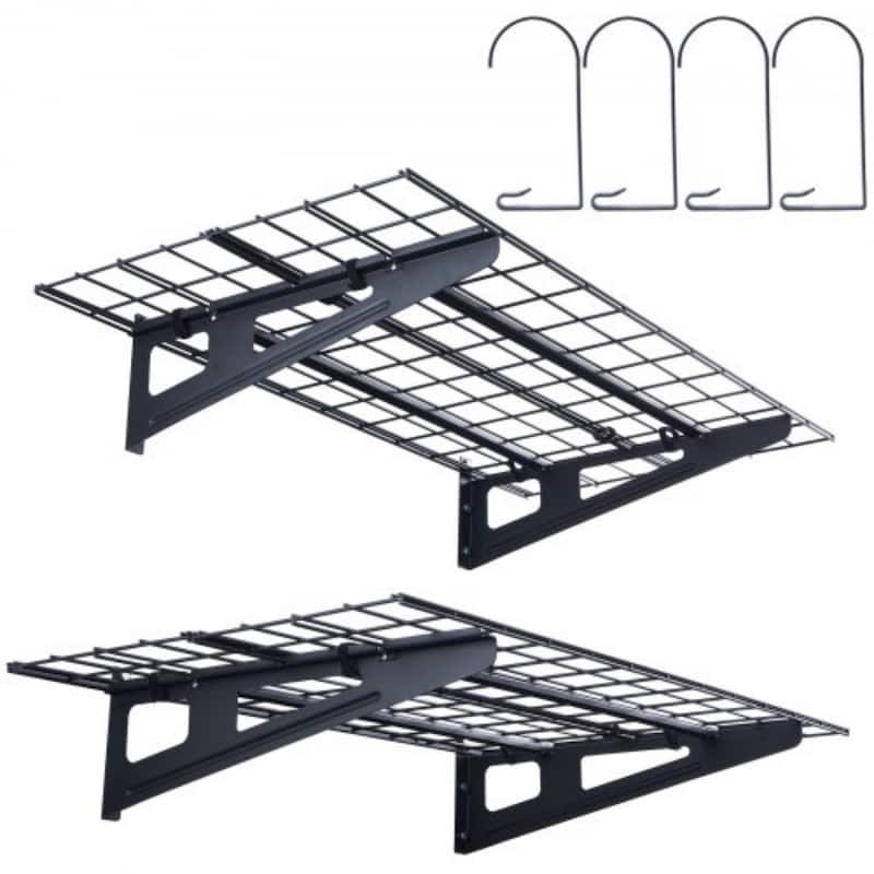 Black Steel Heavy-Duty Wall Shelves, Garage Storage and Hooks - 4x2