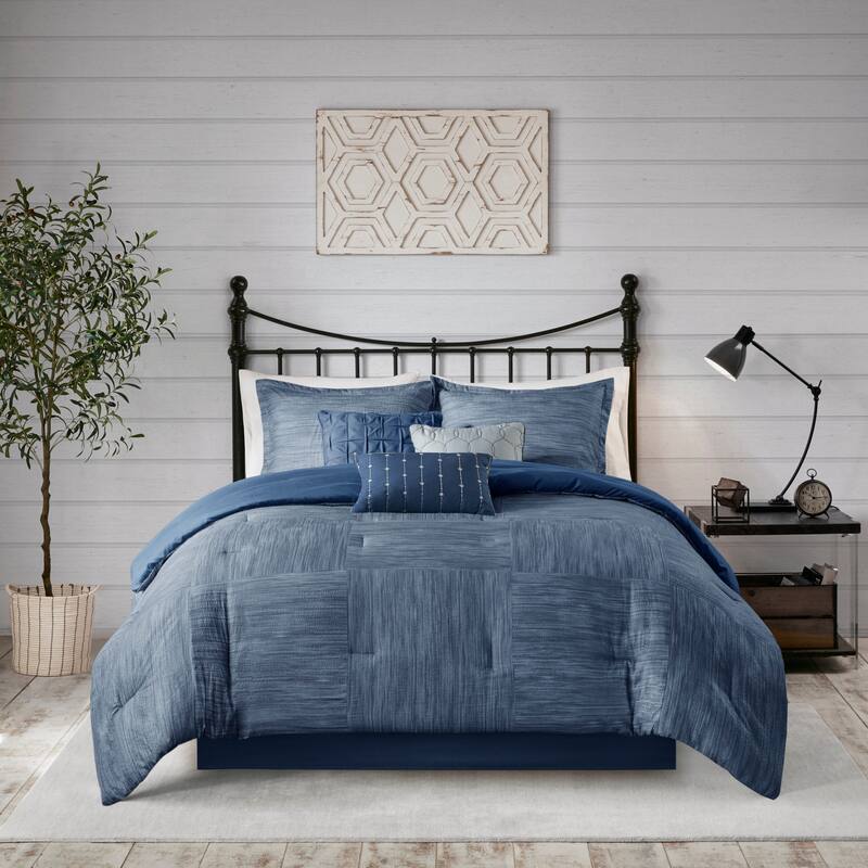 Madison Park Clayton 7 Piece Printed Seersucker Comforter Set - Navy - California King