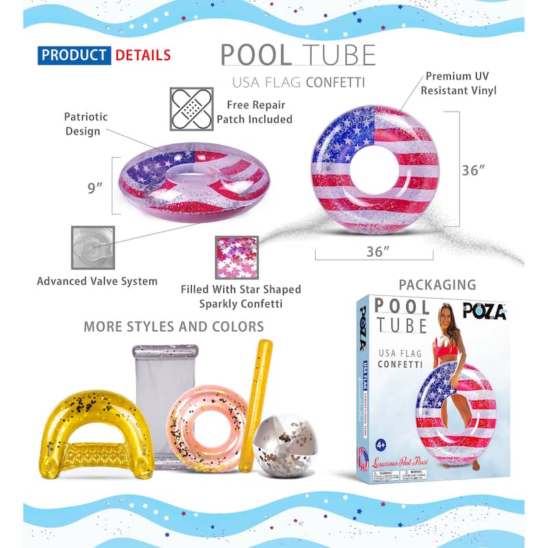 POZA Inflatable Pool Float Tube with Sparkle Silver Stars Confetti - 36 Inch