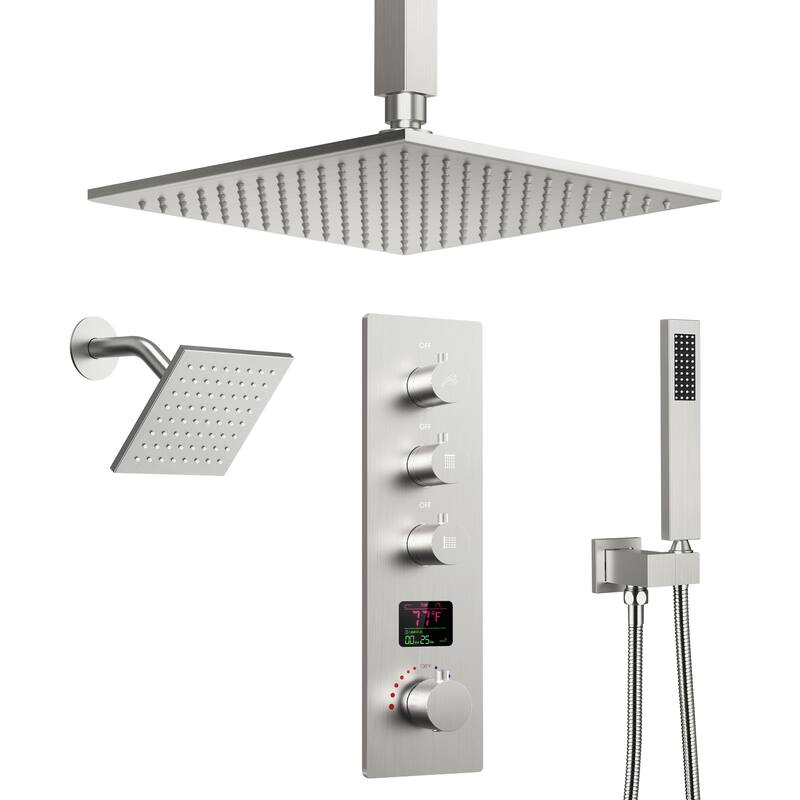 Digital Thermostatic Shower System Faucet Set 12" and 6" Temperature-Sensitive LED Rain Shower Head with Handheld Spray - Brushed Nickel
