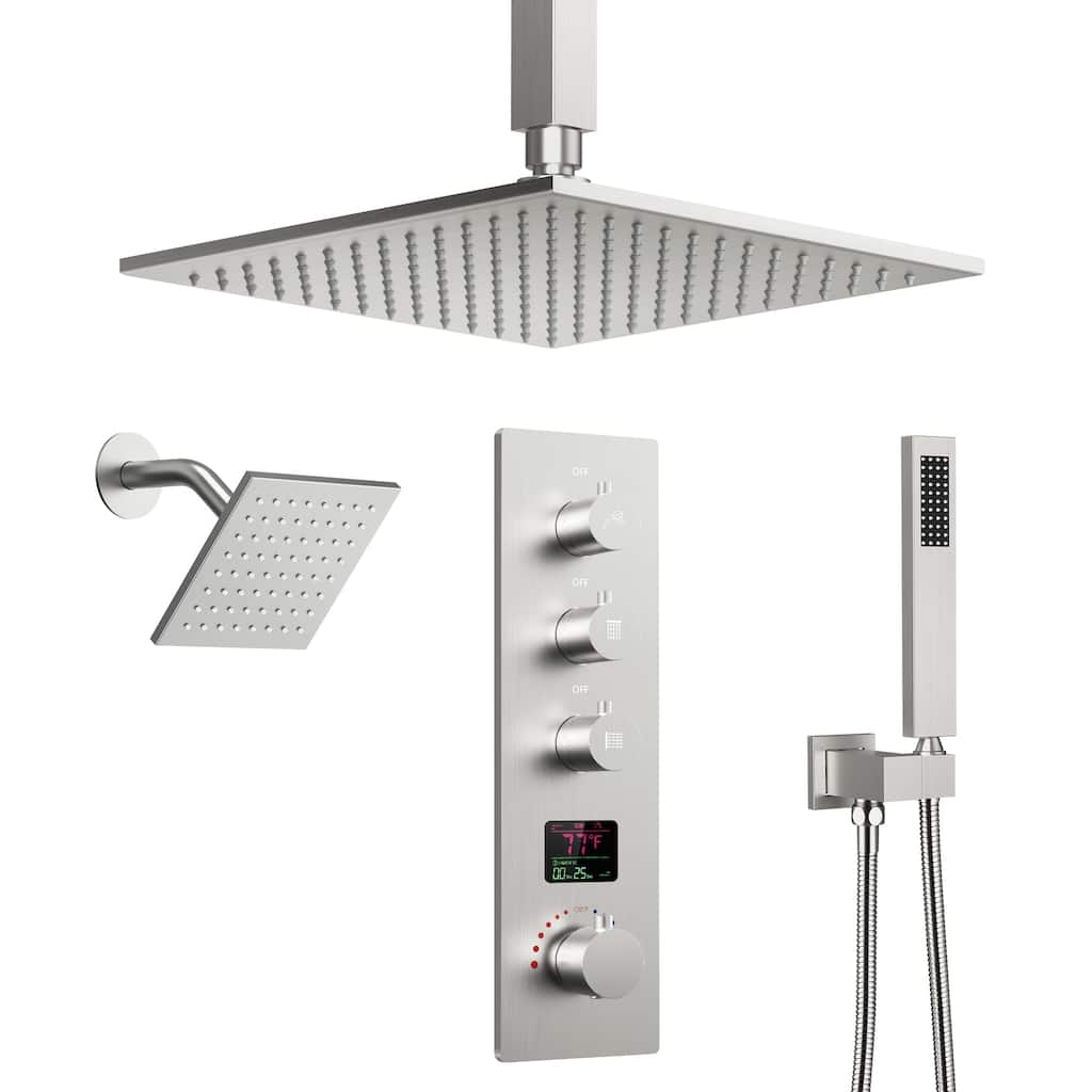 Digital Thermostatic Shower System Faucet Set 12" and 6" Temperature-Sensitive LED Rain Shower Head with Handheld Spray