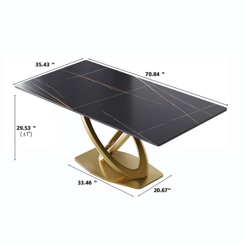 70'' White Sintered Stone Dining Table with Stainless Steel Gold Pedestal