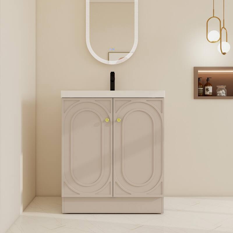 BNK 24/30/36 inch Freestanding Single Sink Bathroom Vanity with Soft Close Door and Adjustable Shelf - 29.5''W×19.7''D×35.4''H - KHAKI