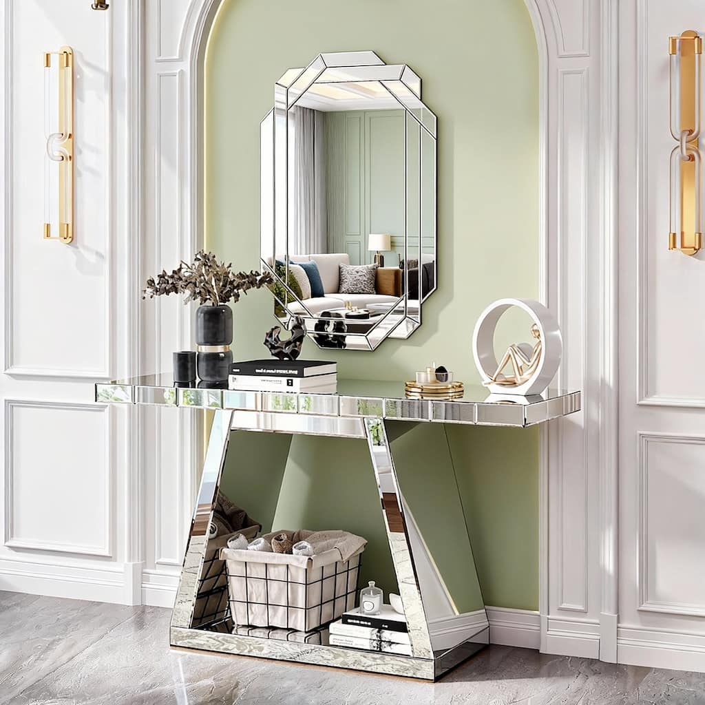 Roomfitters 55.9" Modern Luxe Mirrored Console Table, Trapezoid Base Entryway Table with 360° Reflective Glass, Silver