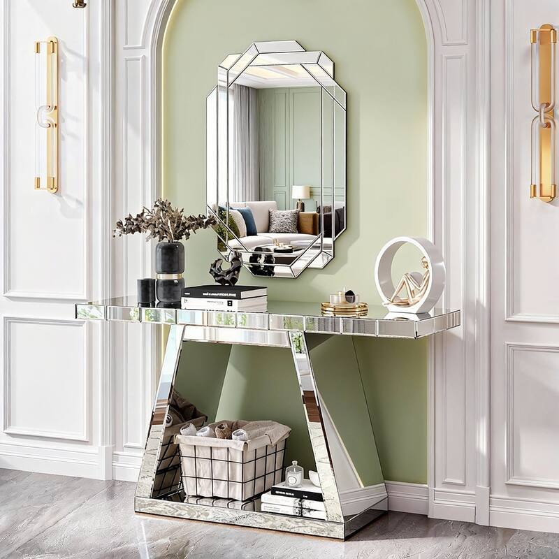 Roomfitters 55.9" Modern Luxe Mirrored Console Table, Trapezoid Base Entryway Table with 360° Reflective Glass, Silver - Silver