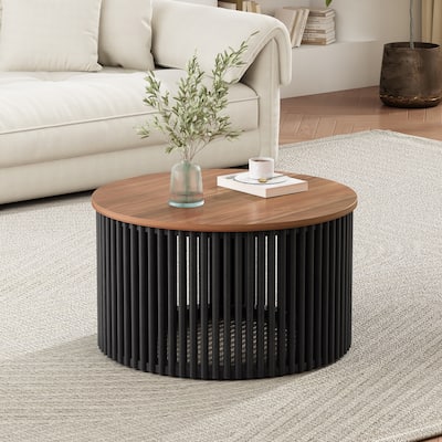 Low Coffee Table Acacia Solid Wood Accent Table with Natural Golden-brown Round Tabletop and Black Vertical Hollow-out Frame