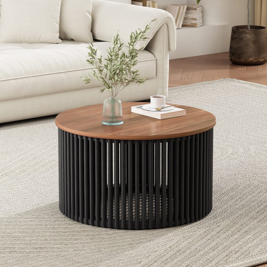 Low Coffee Table Acacia Solid Wood Accent Table with Natural Golden-brown Round Tabletop and Black Vertical Hollow-out Frame