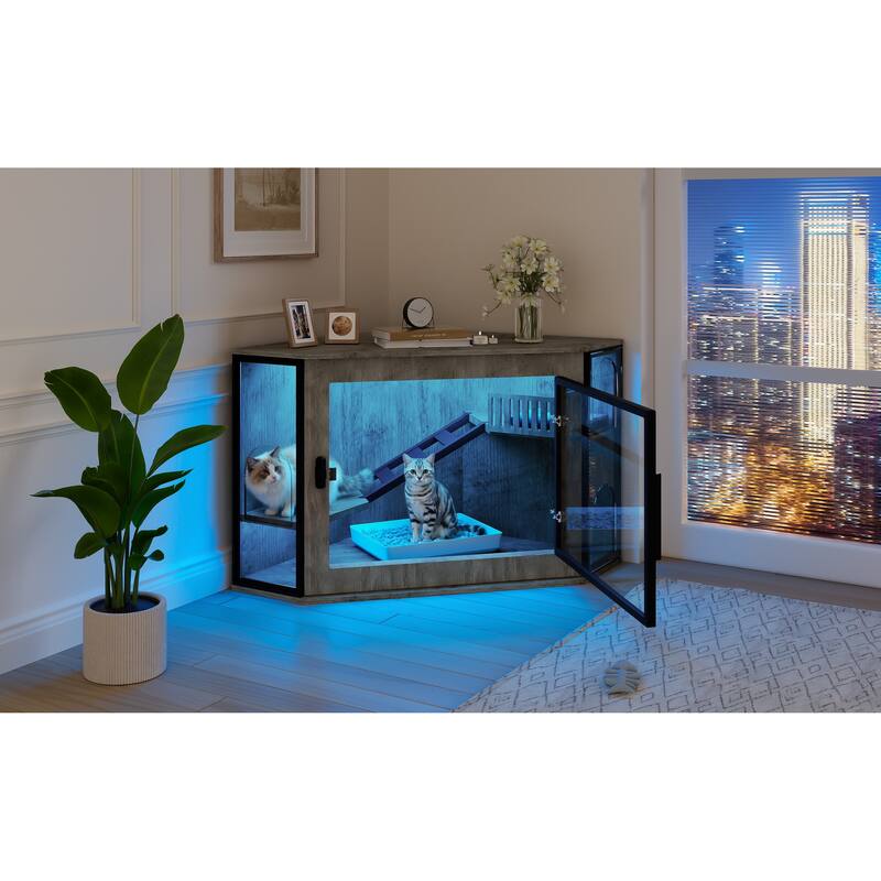 Anmytek 48 Inch Grey Corner Cat Litter Box Enclosure with LED Light and Playground