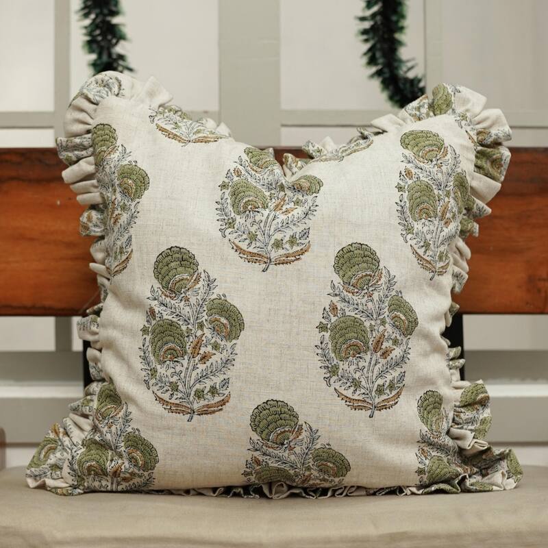 Fabdivine Viscose Linen Floral Frill Pillow Cover Both Side Print Hand Block Cushion
