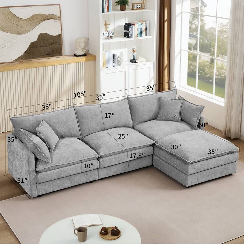 L Shape Modular Sectional Sofa Chenille Upholstered Couch wOttoman