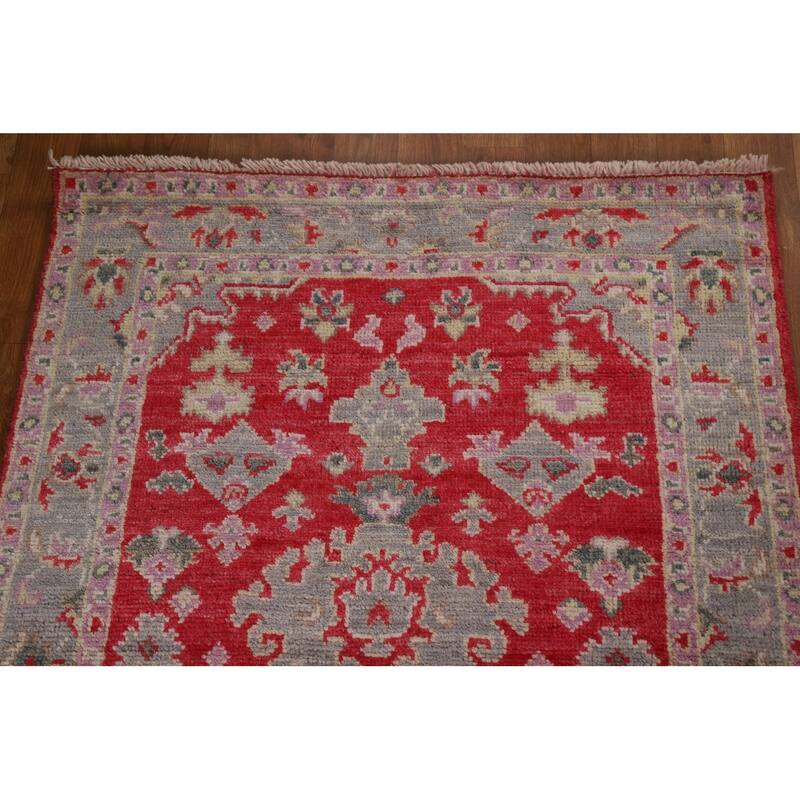 Red Geometric Oushak Turkish Oriental Rug Hand-knotted Wool Carpet - 3'0" x 3'9"