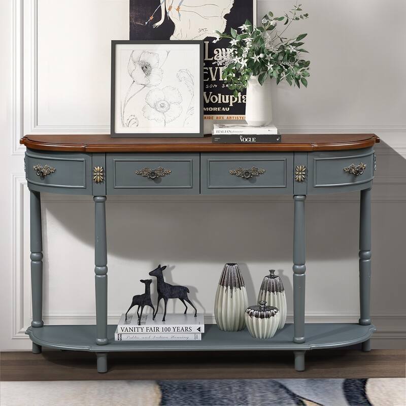 Living Room Hallway Retro Curved Wood Console Table Sofa Table with Shelf and 2 Drawers - Grey