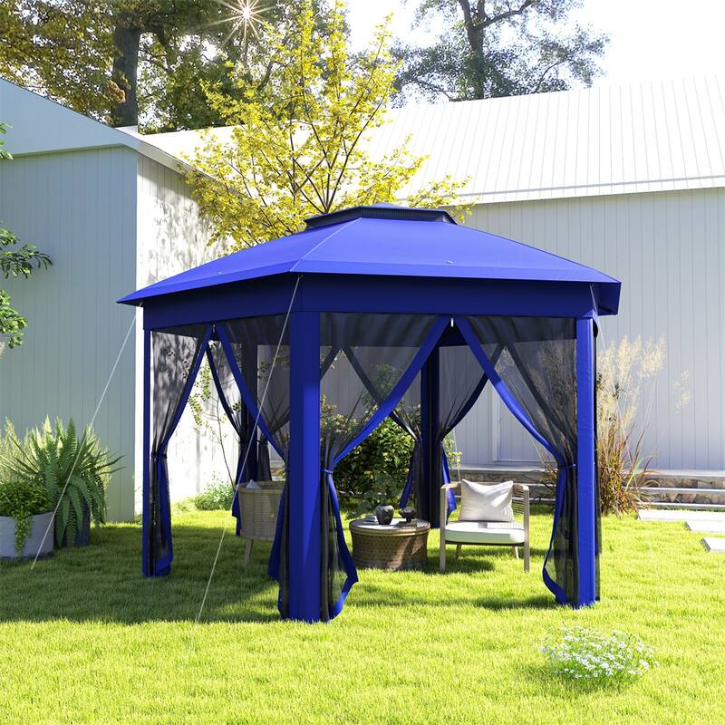 Dark Blue-Black Steel Polyester Hexagon Pop-Up Outdoor Gazebo Tent - Eave Height: 6.6'