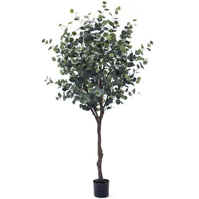 7ft Frosted Green Artificial Silver Dollar Eucalyptus Tree Plant in Black Pot - 84" H x 40" W x 40" DP
