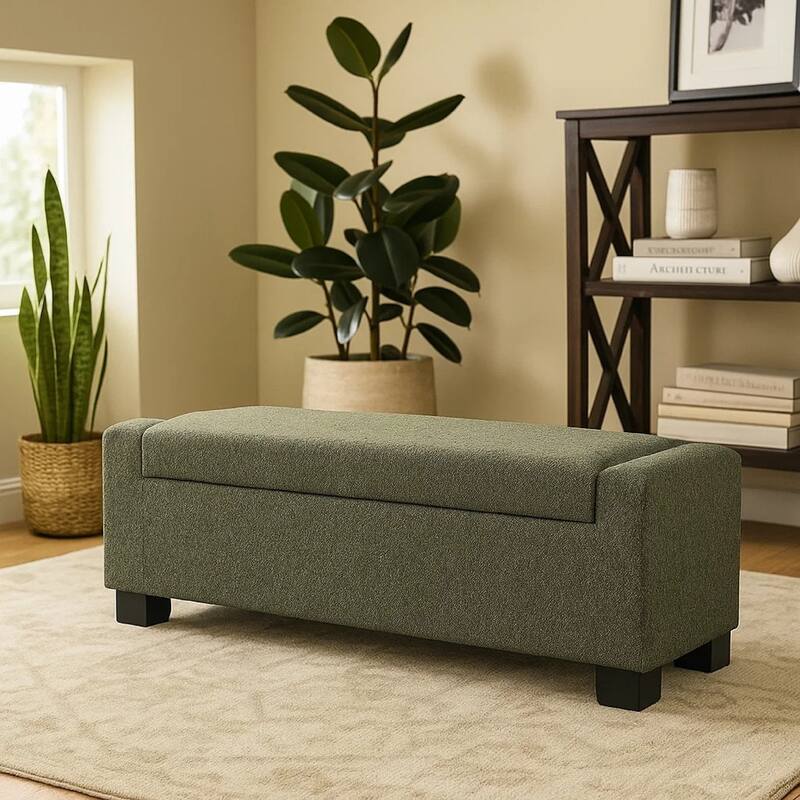 Kera Storage Ottoman Bench, Dark Green Fabric, Lift Top, 50 Inch