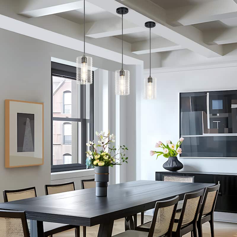 Modern Minimalist 1-Light Black Cylindrical Pendant Light Clear Striped Glass Cylindrical Kitchen Island Light for Dining Room