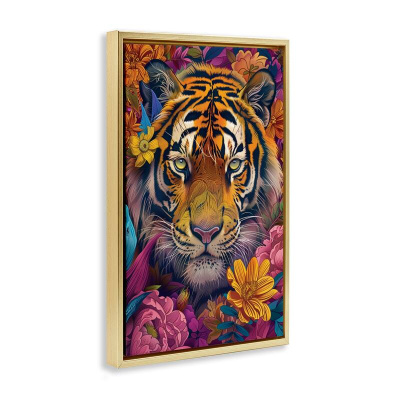 Stupell Peering Tiger Through Flowers Framed Floater Canvas Wall Art Design By LSR Design Studio