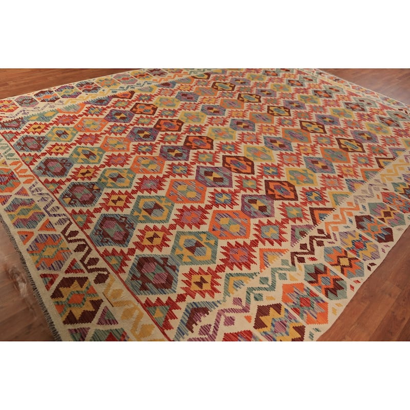 Tribal / Geometric Kilim Oriental Rug Hand-Woven Wool Carpet - 9'11"x 12'10"