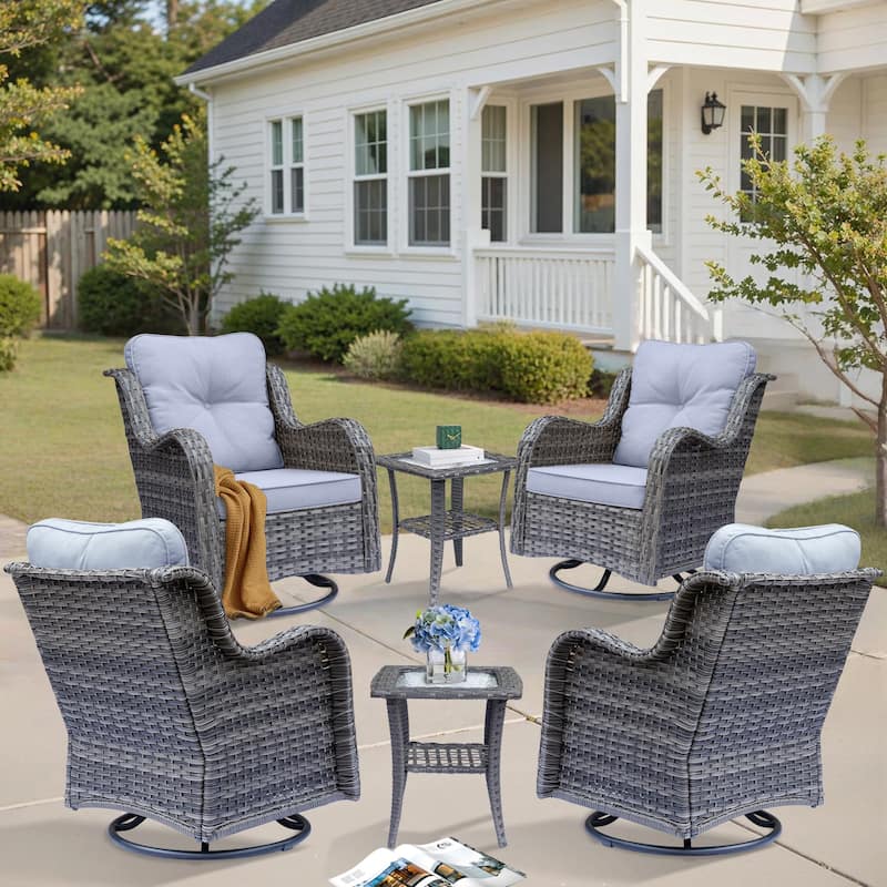 6 Piece Outdoor High Back Wicker Patio Conversation Swivel Chairs Sets - Grey-Gray Rattan