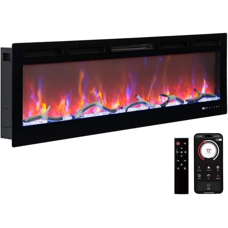 Wall Mounted and Recessed 90 Inch Electric Fireplace Heater for Living Room - N/A - Black