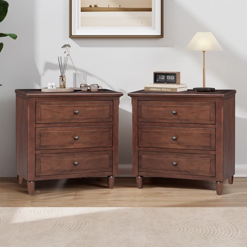 Elegant 3-Drawer Nightstand (Set of 2) Storage Cabinet Crafted from Solid Wood for Bedroom Organization