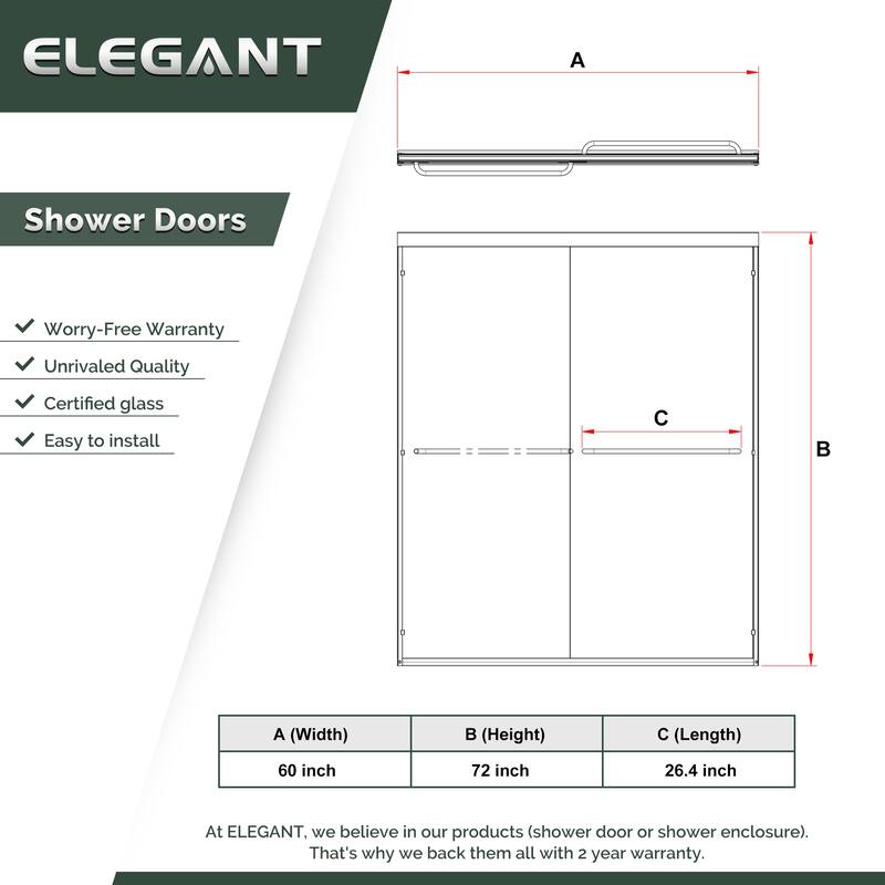 Sunny Shower 60 in.W x 72 in.H Double Sliding Shower Door with 1/4 inch Clear Tempered Glass