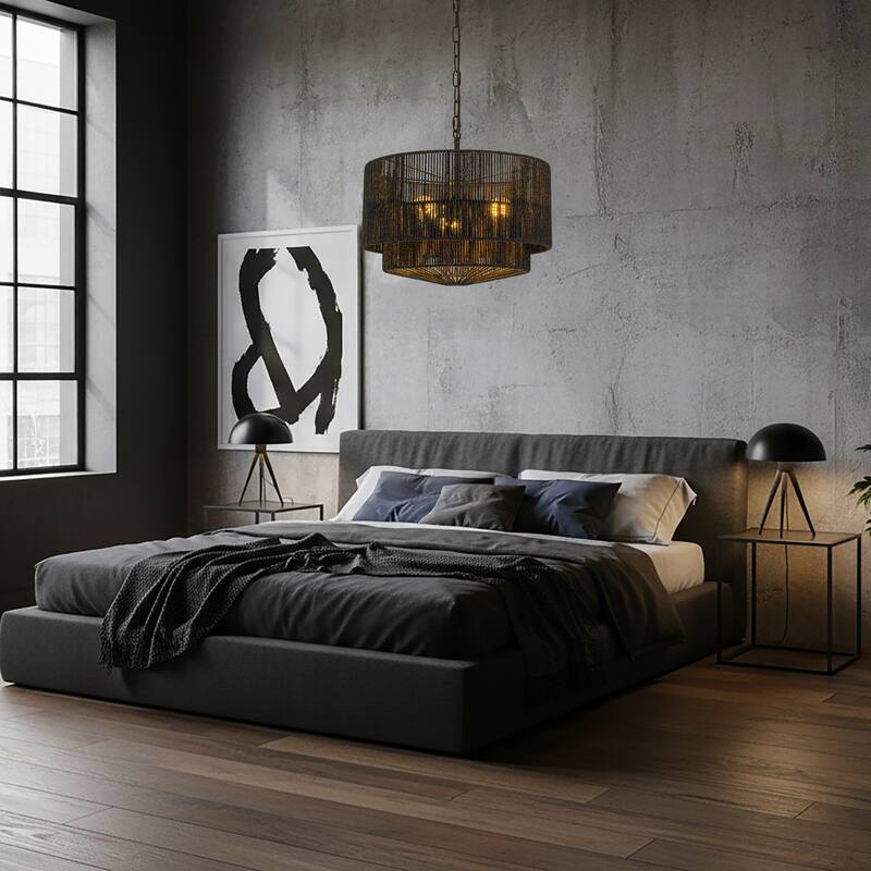 Armida 3-Light Rattan Rope Tiered Drum Pendant, Coastal Boho - Handwoven