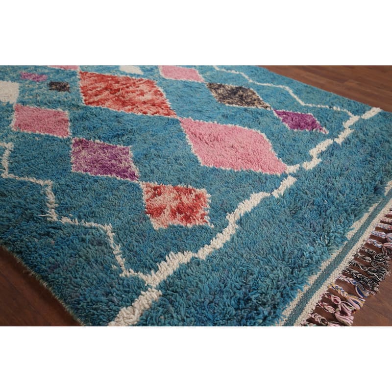 Turquoise Blue Moroccan Oriental Area Rug Hand-Knotted Wool Carpet - 5'0"x 9'1"