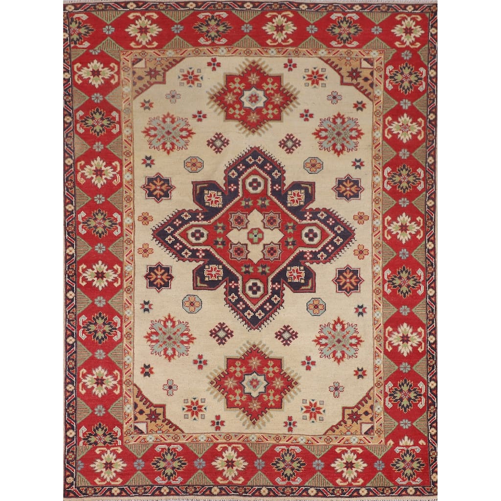 Geometric Kazak Area Rug Hand-Knotted Wool Carpet - 4'11" x 6'5"
