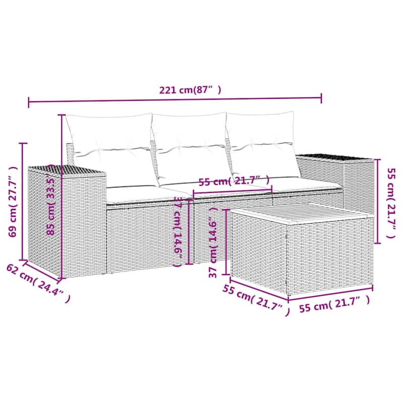 vidaXL 4 Piece Patio Sofa Set with Cushions Black Poly Rattan - 21.7" x 24.4" x 27.2"