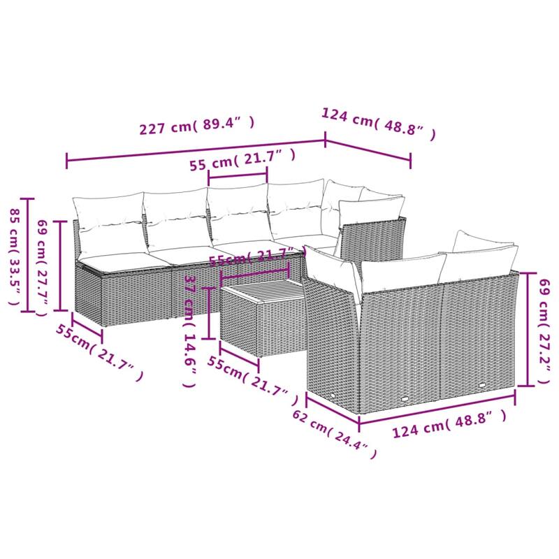 vidaXL 8 Piece Patio Sofa Set with Cushions Gray Poly Rattan - 24.4" x 24.4" x 27.2"