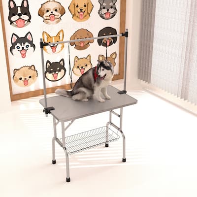 36" Folding Dog Pet Grooming Table Stainless Steel Frame Rubber Mat on Board with Adjustable Arm pet dog Cat Grooming Table